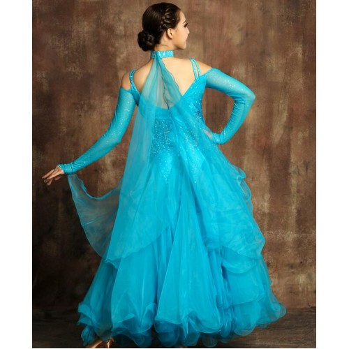 Royal blue turquoise yellow red long sleeves rhinestones women's competition ballroom dancing long length dresses
